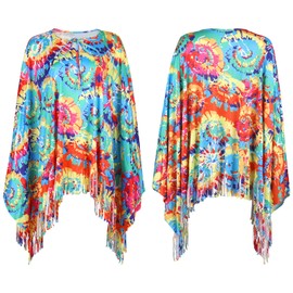 ATOWORLD Hippie Costume Women's Set with Hippie Poncho Women and Accessories Carnival Fancy Dress Costumes Women's Hippie Clothing Women's Boho Flower Power 60s 70s Clothing Women (A)
