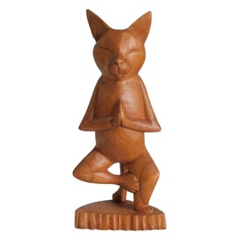 Brave Wings Hand Carved Wooden Cat ~ Meditating Cat 25.5cm High ~ Ornament Sculpture Figurine Statue Unique Table Decoration Home Decor ~ 5069
