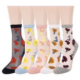 Womens Girls Sheer Socks Colorful Lace Ankle Mesh Socks Novelty Pretty Cute Floral Transparent See Through Crew Socks Ultra Thin Nylon Tulle Flower Patterned Dress Socks Gift, 5 Pack-Sunflower