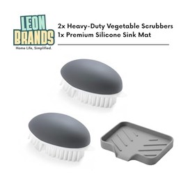 LEONBRANDS 3-Piece Vegetable Brush for Food and Silicone Sink Mat Set - Ergonomic Potato Scrubber for Deep Cleaning - Gray Kitchen Faucet Splash Guard