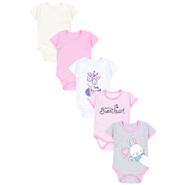 TupTam Baby Bodysuit Girls Pack of 5 - Short Sleeve Cotton Bodysuit Ideal for Summer and Everyday Use, Stripes Giraffe Rabbit Pink White Grey