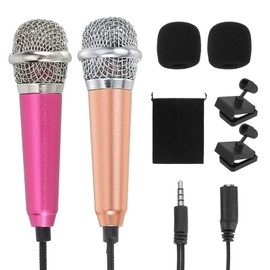 MECCANIXITY 2Pcs Mini Microphone, Mic Tiny Microphone with Sponge Cover, Holder and Drawstring Bag Portable for Karaoke Voice Video Recording Singing (Rose Red/Gold)