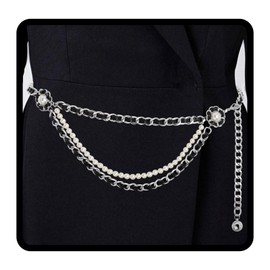Navoky Metal Leather Waist Chain Belts Pearl Flower Adjustable Silver Layered Belly Chain Pendant for Women