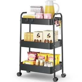 TOOLF 3-Tier Rolling Storage Cart, Metal Utility Cart with Hooks Trolley on Wheels Storage Organizer Serving Cart Mobile Craft Cart for Office, Bathroom, Kitchen, Kids' Room, Classroom Black