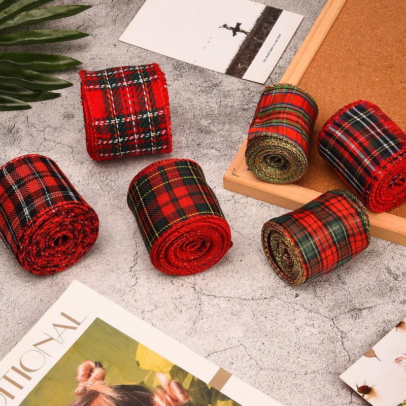 NAUZE 6 Rolls Christmas Wired Edge Tartan Ribbons Christmas Buffalo