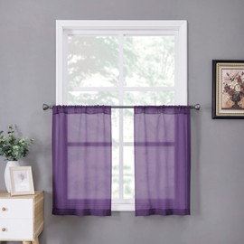 Tollpiz Sheer Tier Curtain Linen Textured Half Kitchen Curtains Sheer Light Filtering Rod Pocket Voile Small Curtains for Bathroom, 25 x 36 inches Long, Royal Purple, Set of 2 Panels