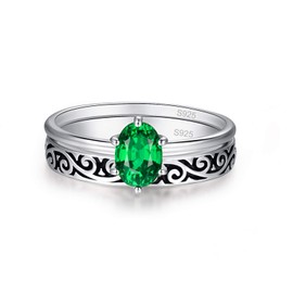 BONLAVIE Vintage Engagement Ring Set Women 925 Sterling Silver Cubic Zirconia Ring Set Size J to Z, Non-precious metal, Artificial Emerald
