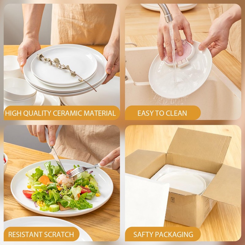 AntoKueh White Ceramic Plates Set of 6, 8.2 Inch Round