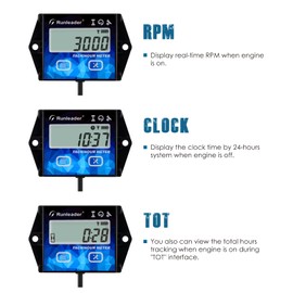 Runleader Digital Hour Meter Tachometer Gauge RPM Alert Backlights Display Battery Replaceable for 2/4 Stroke Small Gas Engine Used on Lawn Mower Generator Outboard Motor ATV Snowmobile Chainsaw