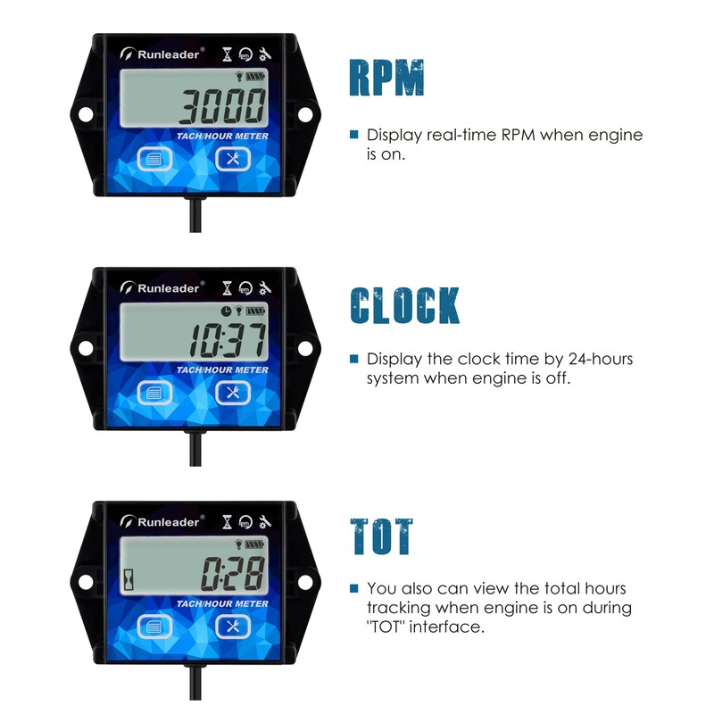 Runleader Digital Hour Meter Tachometer Gauge RPM Alert Backlights Display