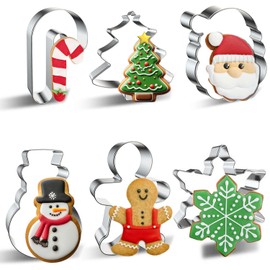 Christmas Cookie Cutter Set 6 Pieces Holiday Cookie Cutters Molds - Christmas Tree, Gingerbread Man, Snowman, Snowflake, Candy Cane, Santa Face for Christmas Food Party Decorations and Baking