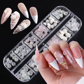 Flowers Nail Art Decorations, 5D Floral Nail Art Rhinestone Design, White Flower Nail Glitter Jewels Gems for Nail Stickers Decals, Women Manicure Acrylic Nails Supplies, Resin Diamond Nail Art Tips