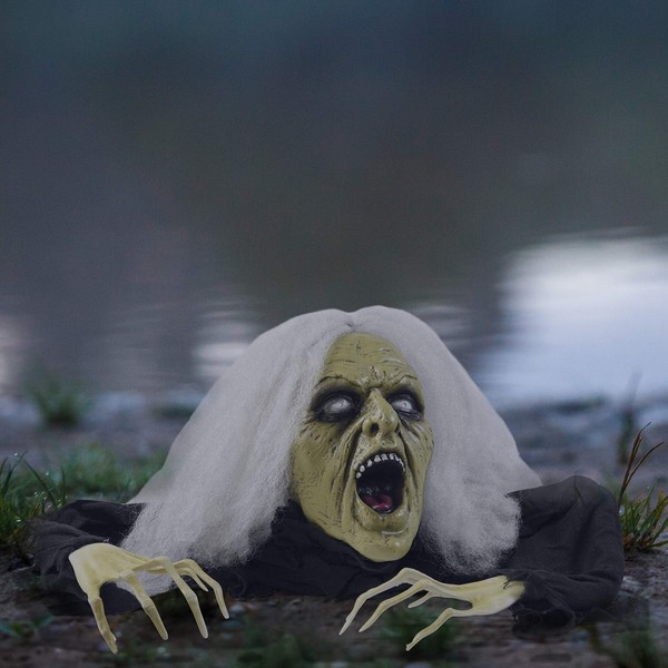 Prextex Halloween Gray Haired Zombie Skull with Posable Skeletal Hands