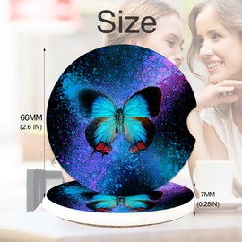 Butterfly Blots Car Coasters for Cup Holders, 2 Pack Absorbent Ceramic Cup Holder Coasters for Drinks, Cute Car Gifts for Women Men, Universal Non-Slip with Finger Notch