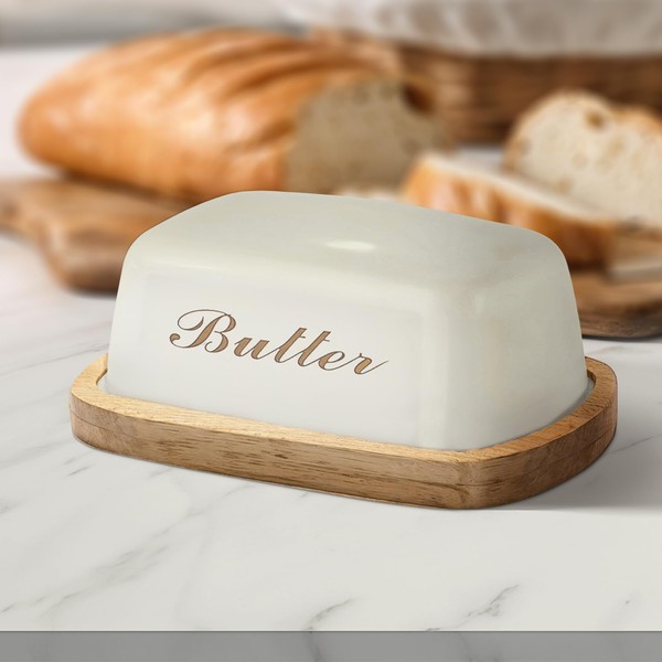 Off-white Butter Tray with Lid, Wooden Butter Dish, Airtight Bamboo