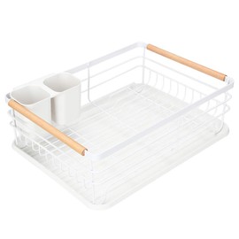 Attom Tech Home Modern Wood Handle Dish Rack and Drain Board, 16.5" x 12" x 5.5" Kitchen Plate Cup Dish Drying Rack Tray Cutlery Dish Drainer
