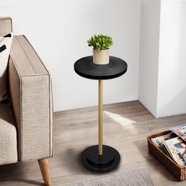 COVLON Drink Table, Small Pedestal Side Table with Wooden Carved Top for Living Room, Bedroom, Small Space, Gold and Black