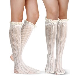 Benefeet Sox Womens Girls White Lace Knee High Socks with Bow Kawaii Frilly Ruffle Mesh Fishnet Knee High Stockings Novelty Fancy Dress Socks Cute Lolita Calf Socks See Through Transparent Socks