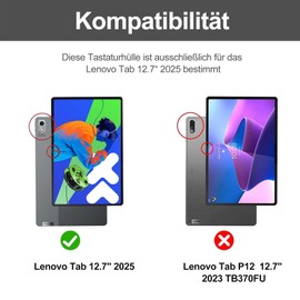 WAVATA Tastatur für Lenovo Tab P12 12.7" 2025, Hülle mit Tastatur für Lenovo P12 2025, Magnetische Kabelloser Bluetooth Abnehmbare QWERTZ Tastatur für Lenovo P12 12,7‘’ 2025, Schwarz
