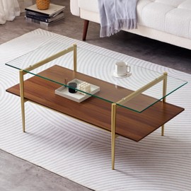 LumFurn Rectangle Glass Coffee Table for Living Room and Bedroom, 2-Tier Mid-Century Modern Table with Clear Tempered Glass Top and Walnut Finish Wood Shelf, Sleek Conical Metal Legs with Gold Finish
