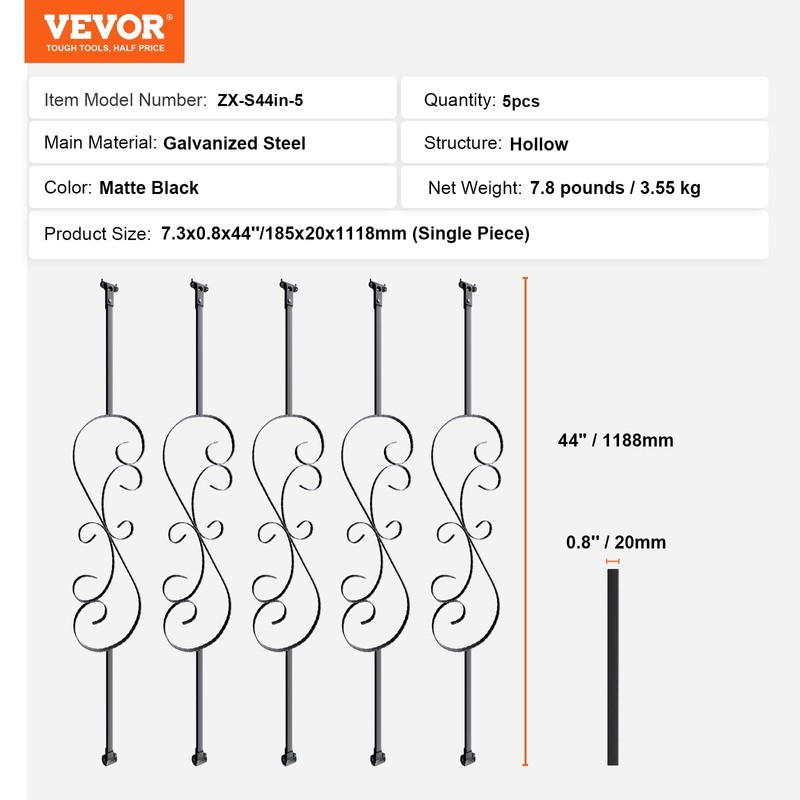 VEVOR Staircase Metal Balusters, 44'' x 1/2" Galvanized Steel Decorative