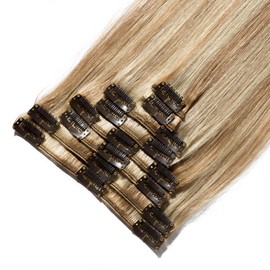 16" Clip in Hair Extensions Real Human Hair #12/613 Golden Brown&Bleach Blonde (65g)