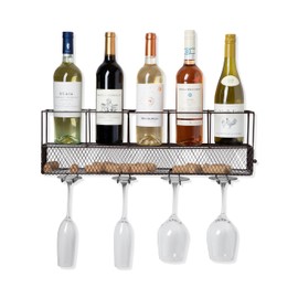 True Wall Mounted Wire Rack with Cork Cage Stemware Holder, Holds 5 Bottles & 4 Wine Glasses, Brown