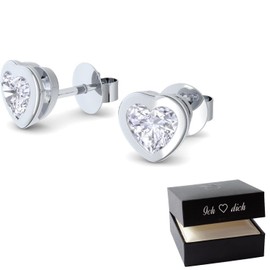 FF135SS925-0 Heart Stud Earrings Silver 925 Small Cubic Zirconia Women's Heart Earrings with Stone Women's Earrings Silver Earrings 'Ich dich' Case Stud Heart Heart Shape Heart Earrings with Stone