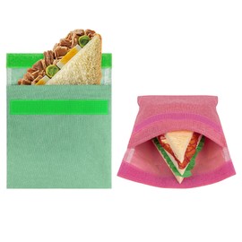 Linkidea 2 Pcs Portable Snack Bag, Washable Eco-Friendly BPA Free Reusable Food Holder, 7-inch Hook and Loop Leak-Proof Compact Food Pouch Fits Sandwich, Sugar, Nuts (Red, Green)