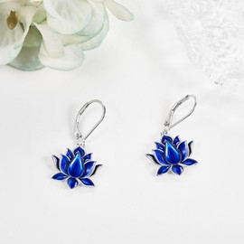 DAYLINLOVE Lotus Earrings 925 Sterling Silver Blue Lotus Flower Dangle Leverback Earrings Lotus Flower Jewellery Gift For Women, Sterling Silver, No Gemstone