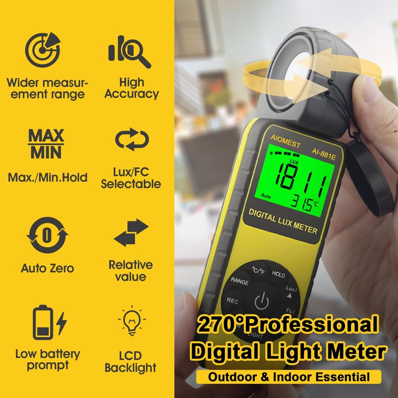 AIOMEST AI-881E Digital Light Meter, Handheld Foot Candle Meter for