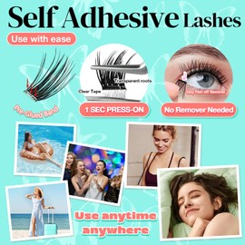 No Glue Needed Lashes, Self Adhesive Eyelashes, DIY Lash Cluster Eyelash Extensions Kit 10‑18mm,100pcs Fluffy D Curl Soft Natural Lashes with Tweezers–Fake Cat Eye Wispy Individual Clusters(NGDY61)