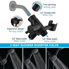 PDPBath Solid Brass Shower Arm 3 Way Shower Diverter Valve for Hand Held Showerhead and Fixed Spray Head, G1/2 Universal Connection - Oil Rubbed Bronze