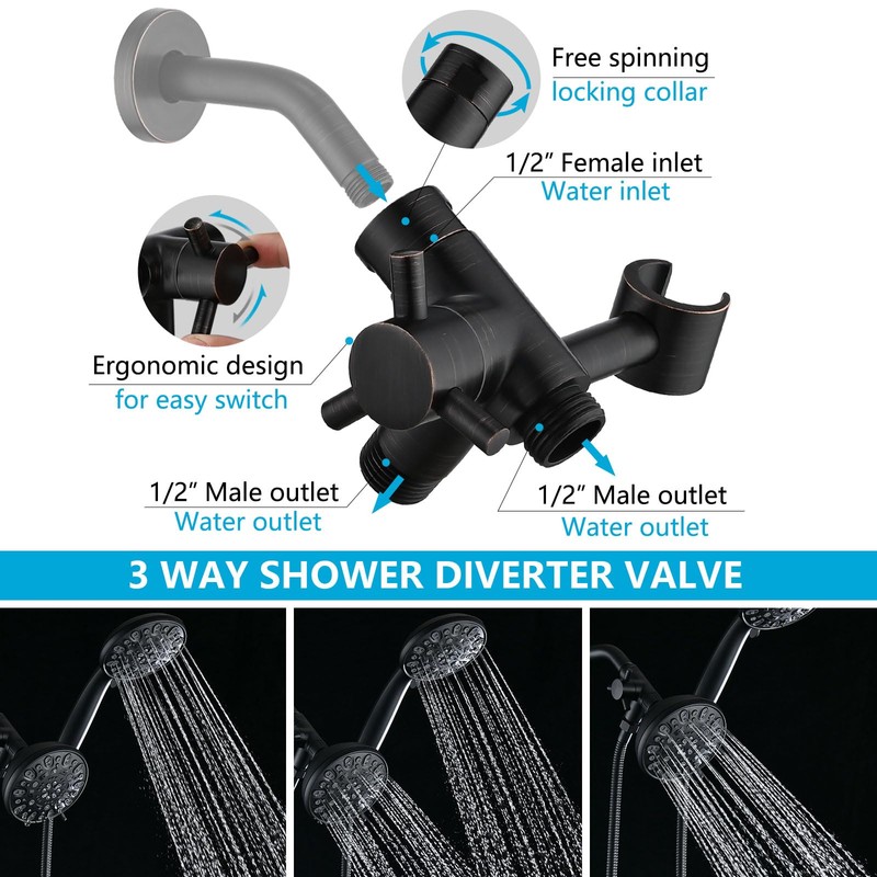 PDPBath Solid Brass Shower Arm 3 Way Shower Diverter Valve