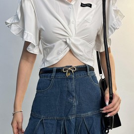 GLMOCM Women Leather Belt for Jeans Pants Dresses Bow Gold Buckle Waist Belt Casual Fashion Thin Waist Belt for Jeans Pants, Black, adjustable