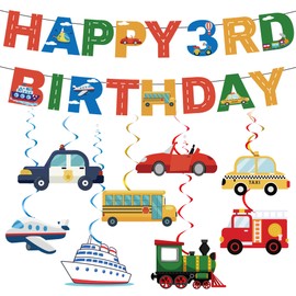 Car 3rd Birthday Decorations Boys - 10 Pcs Transportation Themed Decor Including Happy 3rd Birthday Banner Train Plane Fire Truck Hanging Swirls for 3 Year Old Boys Party Supplies
