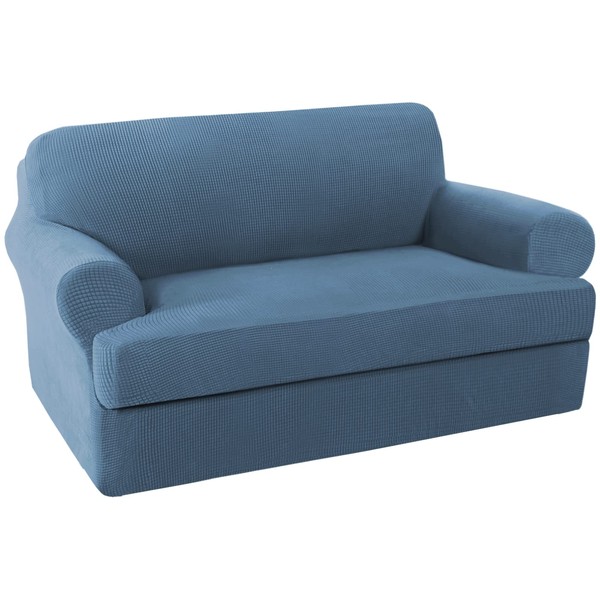 H.VERSAILTEX 2 Piece Loveseat Slipcovers 2 Cushions Loveseat Cover Furniture Cover/Protector with Elastic Bottom, Jacquard High Stretch Stylish Suit for T Cushion/Box Cushion - Loveseat - Dusty Blue