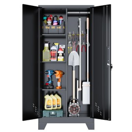 YILFANA 61" H Broom Closet Cabinet, Metal Storage Cabinet with Lockable Doors and Pegboard, Utility Closet for Brooms and Mops, Tool Cabinets for Home Office, Laundry Room, Garage, Workshop