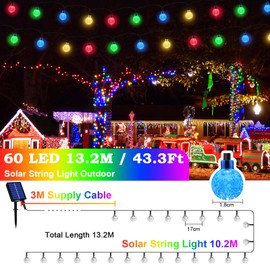 Realky Solar Garden Lights Outdoor, 43.3Ft 60LED Solar String Lights, Waterproof Fairy Light with 8 Modes, Crystal Ball Decor for Easter, Yard, Parties(Memory Function+Multicolor)