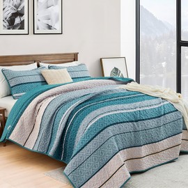 Yiran Queen Striped Diamond Quilt Bedding Set with 2 Pillow Shams,Teal Geometric Grid Rhombus Quilts,Soft Lightweight Bedspreads Bed Coverlets for All Seasons (Teal,96"×90")