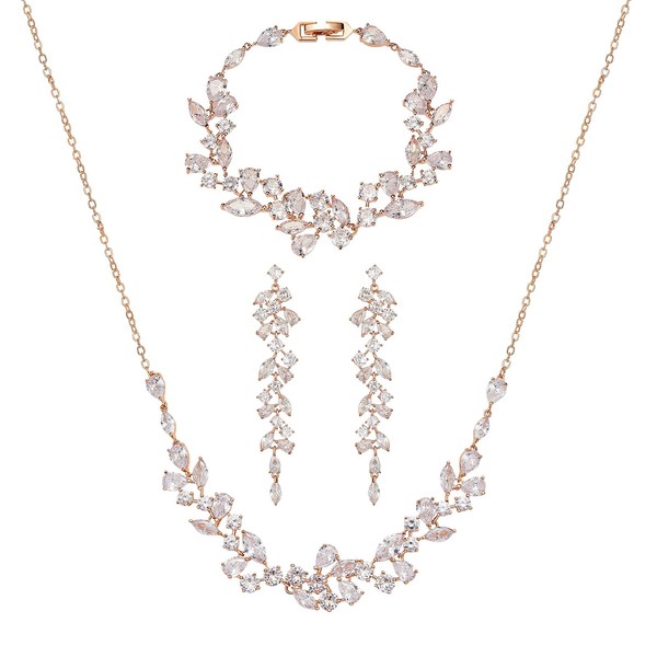 SWEETV Bridal Jewelry Set for Wedding, 3-Pcs Long Floral Necklace