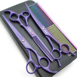 7.0in. Matt Purple Professional Pet Grooming Scissors Set,Straight & Thinning & Curved Scissors Set with Comb,case,A429
