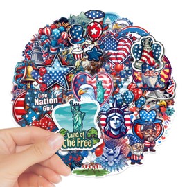 American Flag Patriotic Stickers 50Pcs, USA America Stickers Waterproof Red White Blue Independence Sticker Pack for Water Bottle Laptop Kindle Wate Decorations