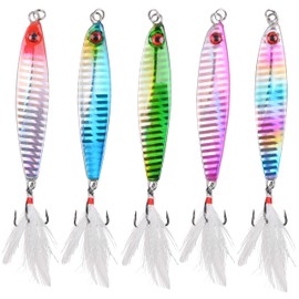 5pcs Fishing Lures Set - Hard Metal Fishing Spoon Spinner Baits Lures with Treble Hooks Feather Tail Sinking Fishing Lures for Saltwater Freshwater Trout Bass Salmon Fishing (21g-5pcs)