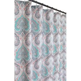 Decorative Fabric Shower Curtain: Teal Pink Grey Damask Design