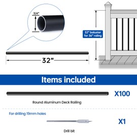 Muzata 100Pack 32" Aluminum Deck Balusters Round Black Deck Railing Stair Porch Staircase Spindles 3/4" Diameter Hollow for Railing Fencing Porch Stair WT15