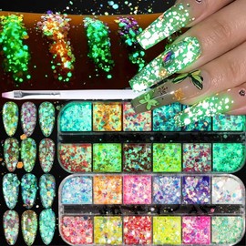 Fluorescent Nail Glitter Sequins Set for Gel Nails, Halloween Flakes Decor