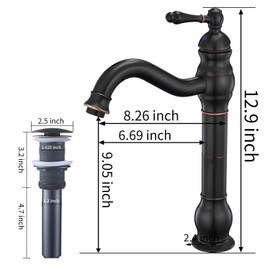 BWE 360° Swivel Bathroom Vessel Sink Faucet Oil Rubbed Bronze Single Handle One Hole Lavatory Mixer Tap with Pop Up Drain Assembly Without Overflow and Supply Line Tap Body