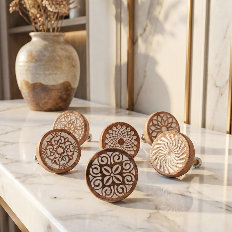 Indian Shelf 6 Pieces Boho Wooden Drawer Knobs - Brown