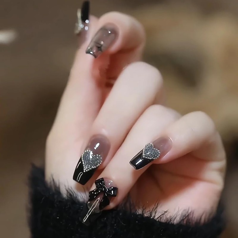 Nail Tip, False Nails, Stylish, Black, 24 Pieces, Long Nail